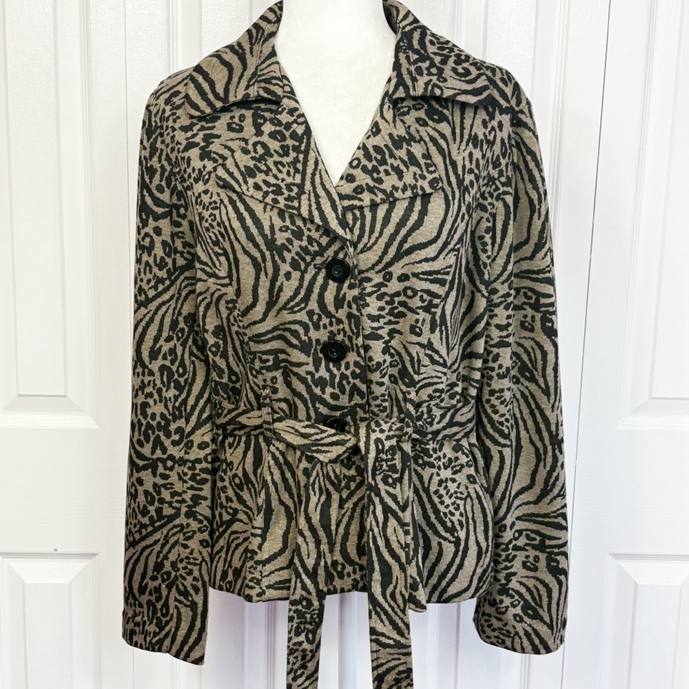 Susan Bristol Brown & Black Animal Print Knit Long Sleeve Belted Jacket Large